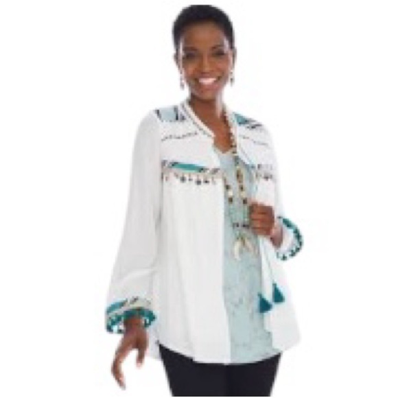Chico’s Women's White Embellished Open Front Tassle Tie Lightweight Jacket Sz L - Picture 2 of 13